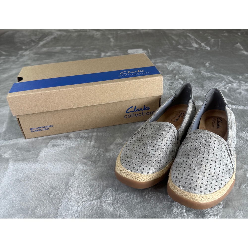 Clarks Elaina Ruby Pewter Metallic Perforated Espadrille Slip On Loafers 6M